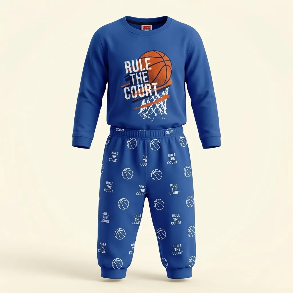 Cotton Long Sleeve Basketball Graphic Top & Printed Pants Pajama Set, style FZ-ST-0105 at FIZZI Fashion