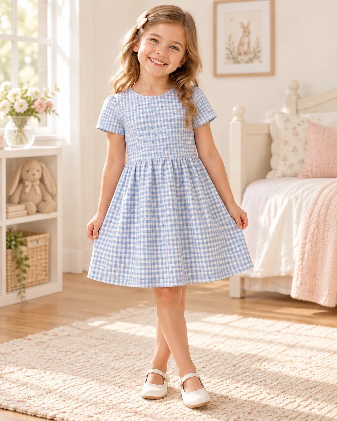 Dusty Blue Girls’ Short-Sleeve Frill Dress, style FZ-DR-0011 at FIZZI Fashion