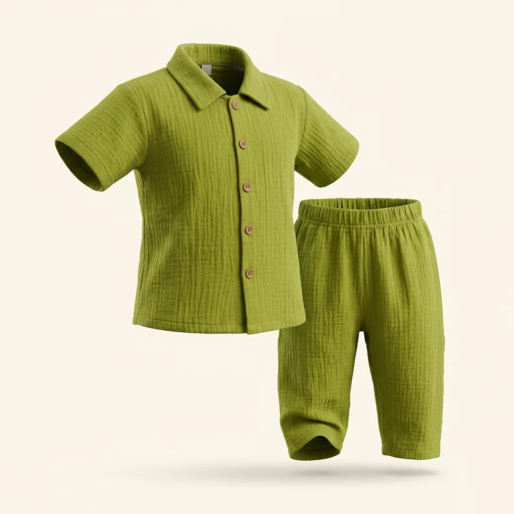 Olive Green Muslin Short-Sleeve Shirt & Pants Co-ord Set, style FZ-ST-0117 at FIZZI Fashion