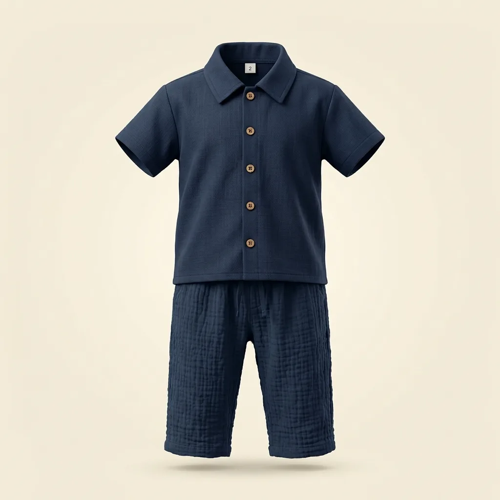 Muslin Short Sleeve Notch Lapel Shirt & Pants Pajama Set, style FZ-ST-0108 at FIZZI Fashion