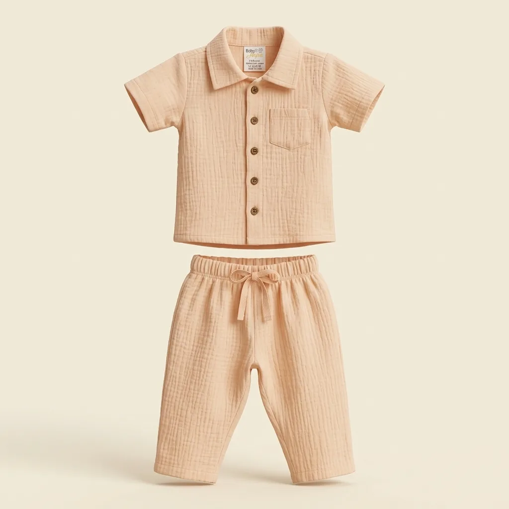 Peach Cream Muslin Short Sleeve Shirt & Pants Co-ord Set, style FZ-ST-0123 at FIZZI Fashion