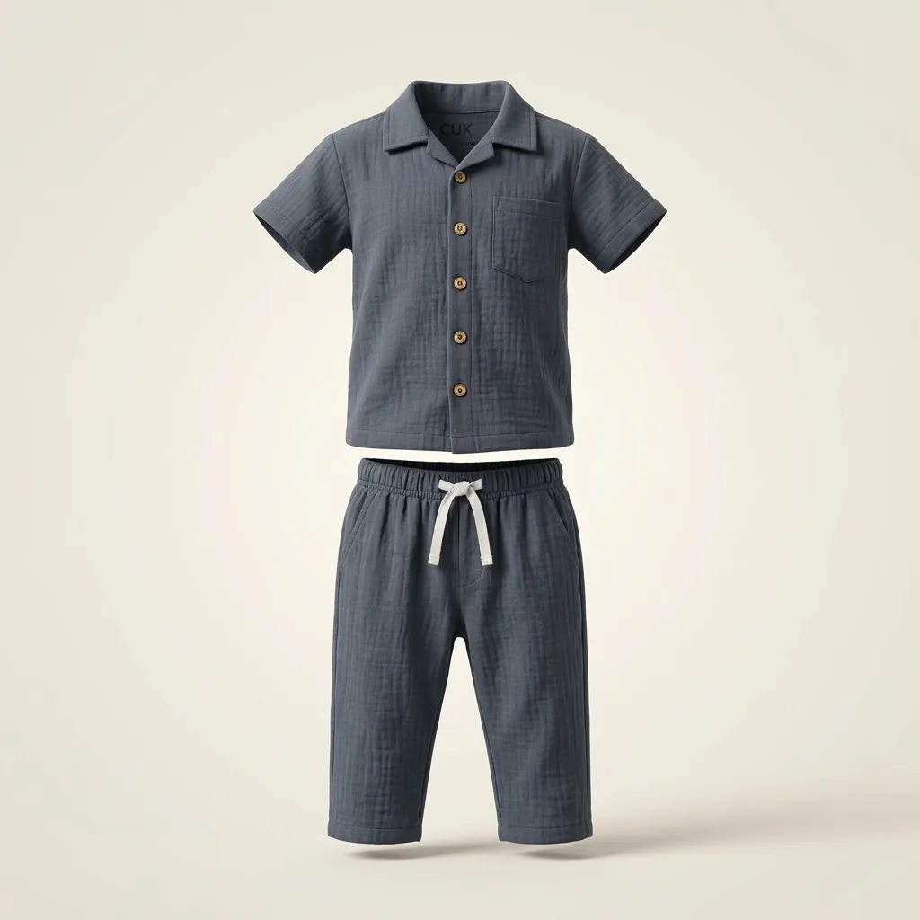 Muslin Short Sleeve Shirt & Pants Set, style FZ-TS-0043 at FIZZI Fashion