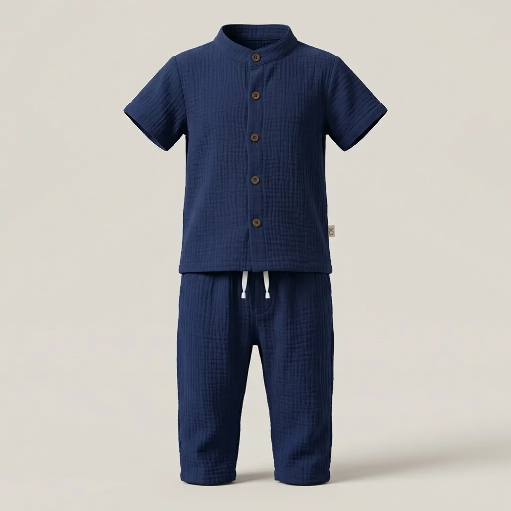 Muslin Short Sleeve Mandarin Collar Shirt & Pants Set, style FZ-ST-0053 at FIZZI Fashion