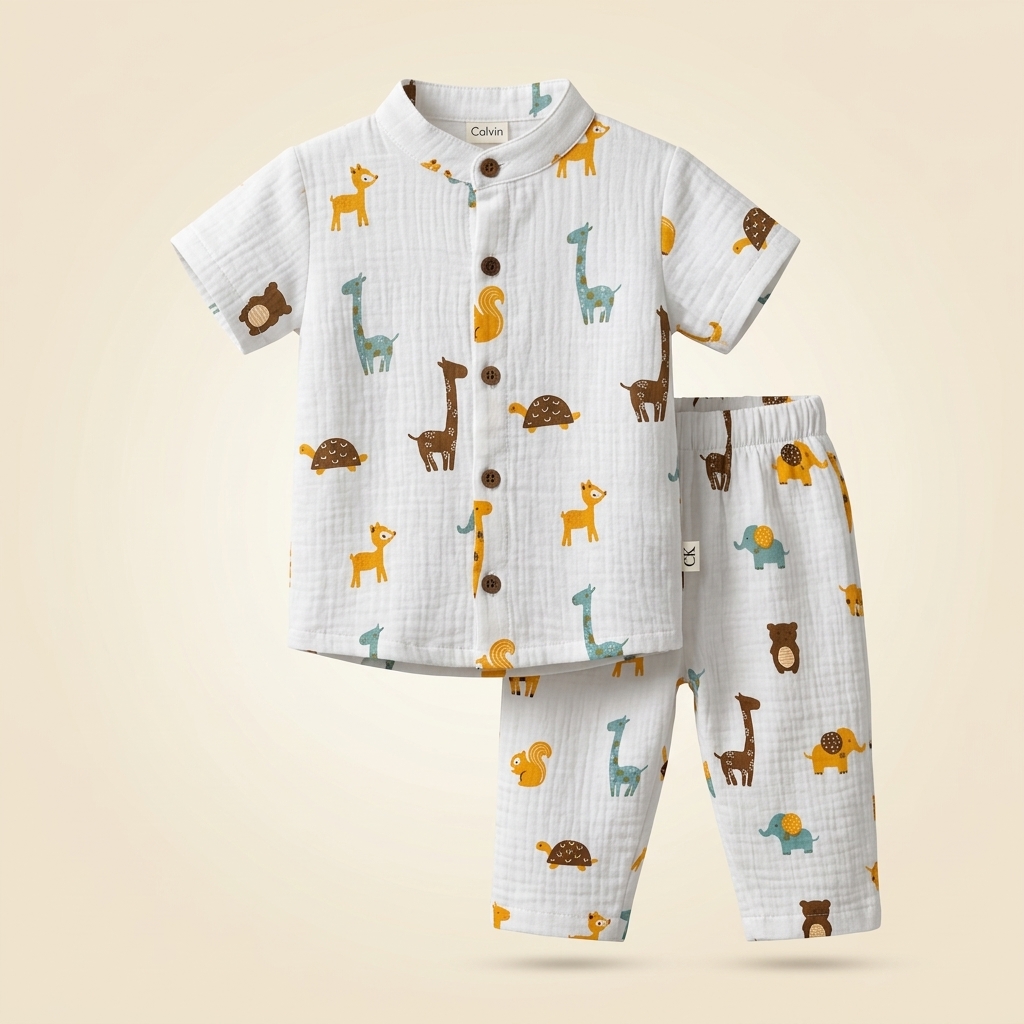 Muslin Short Sleeve Mandarin Collar Shirt & Pants Set