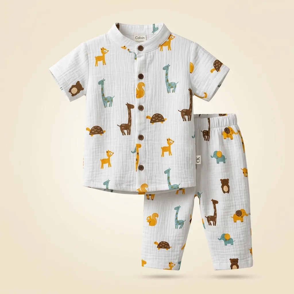 Muslin Short Sleeve Mandarin Collar Shirt & Pants Set, style FZ-ST-0055 at FIZZI Fashion