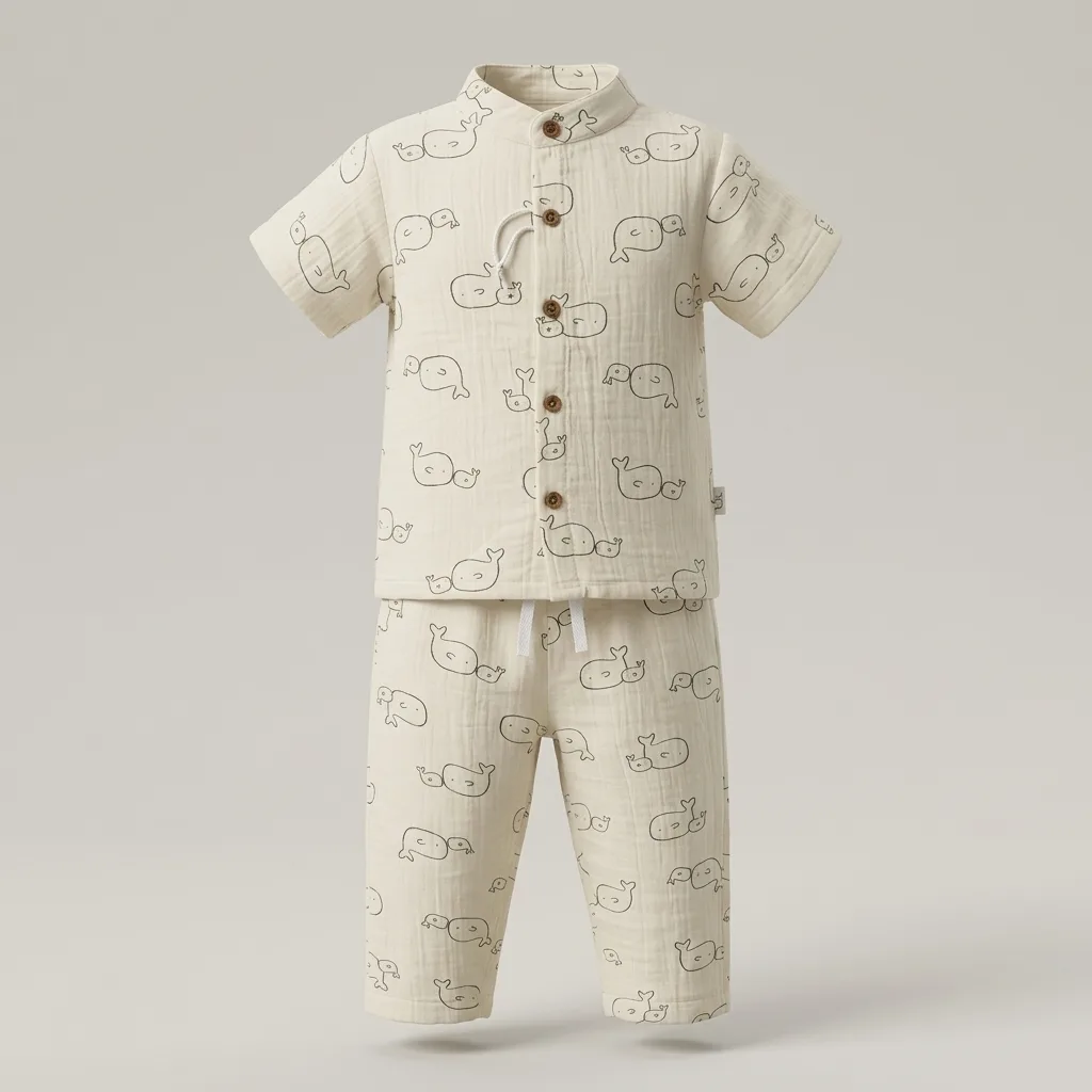 Muslin Short Sleeve Mandarin Collar Shirt & Pants Set, style FZ-ST-0057 at FIZZI Fashion