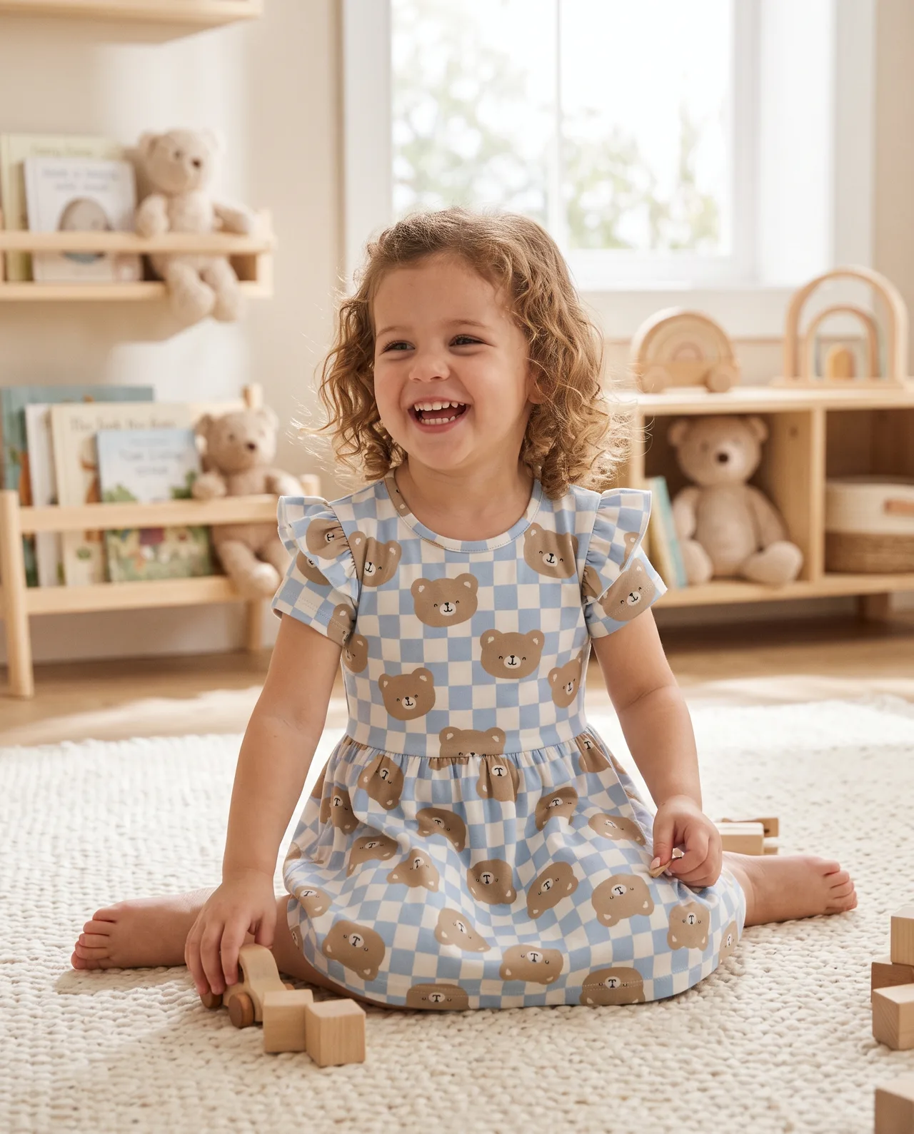 Light Blue Floral Girls Half Sleeve Frock With Frill Work, style FZ-DR-0023 at FIZZI Fashion