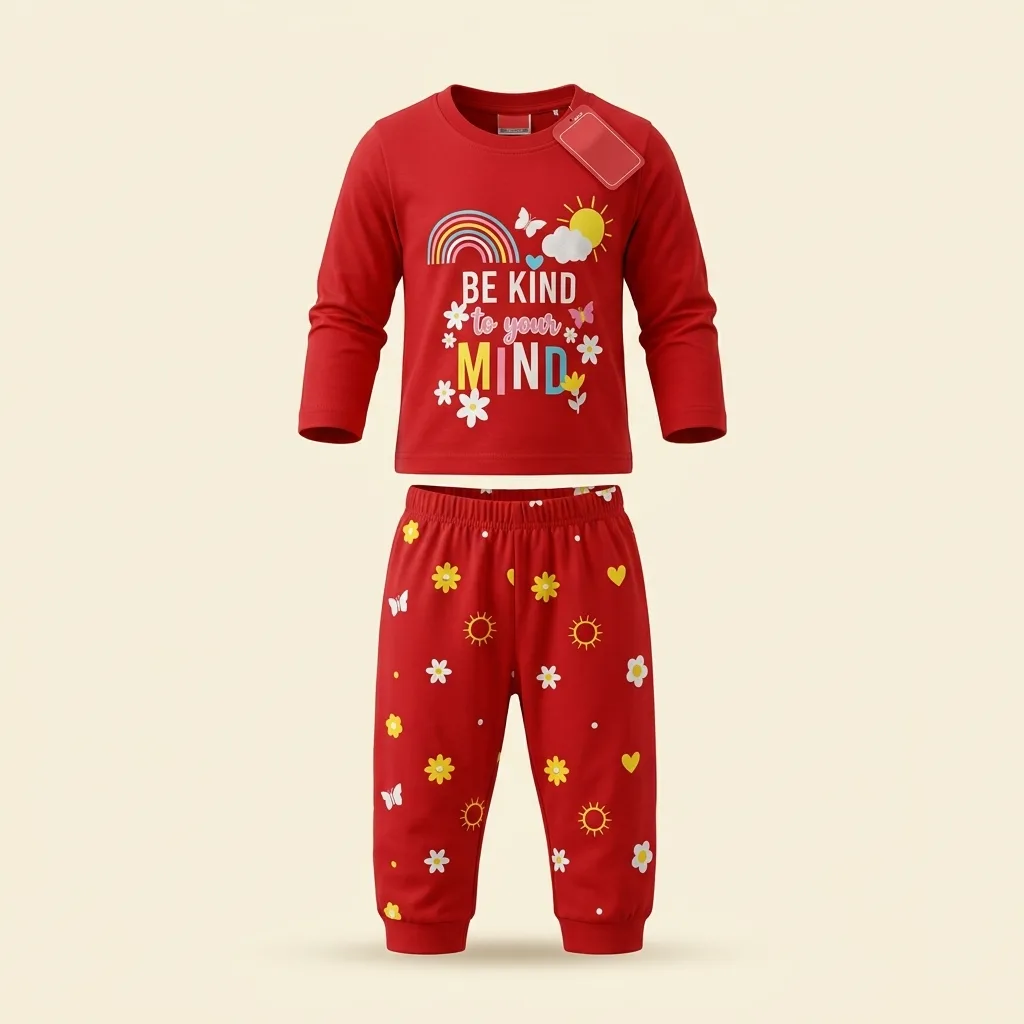 Cotton Long Sleeve Slogan Top & Heart Print Pants Pajama Set, style FZ-ST-0110 at FIZZI Fashion