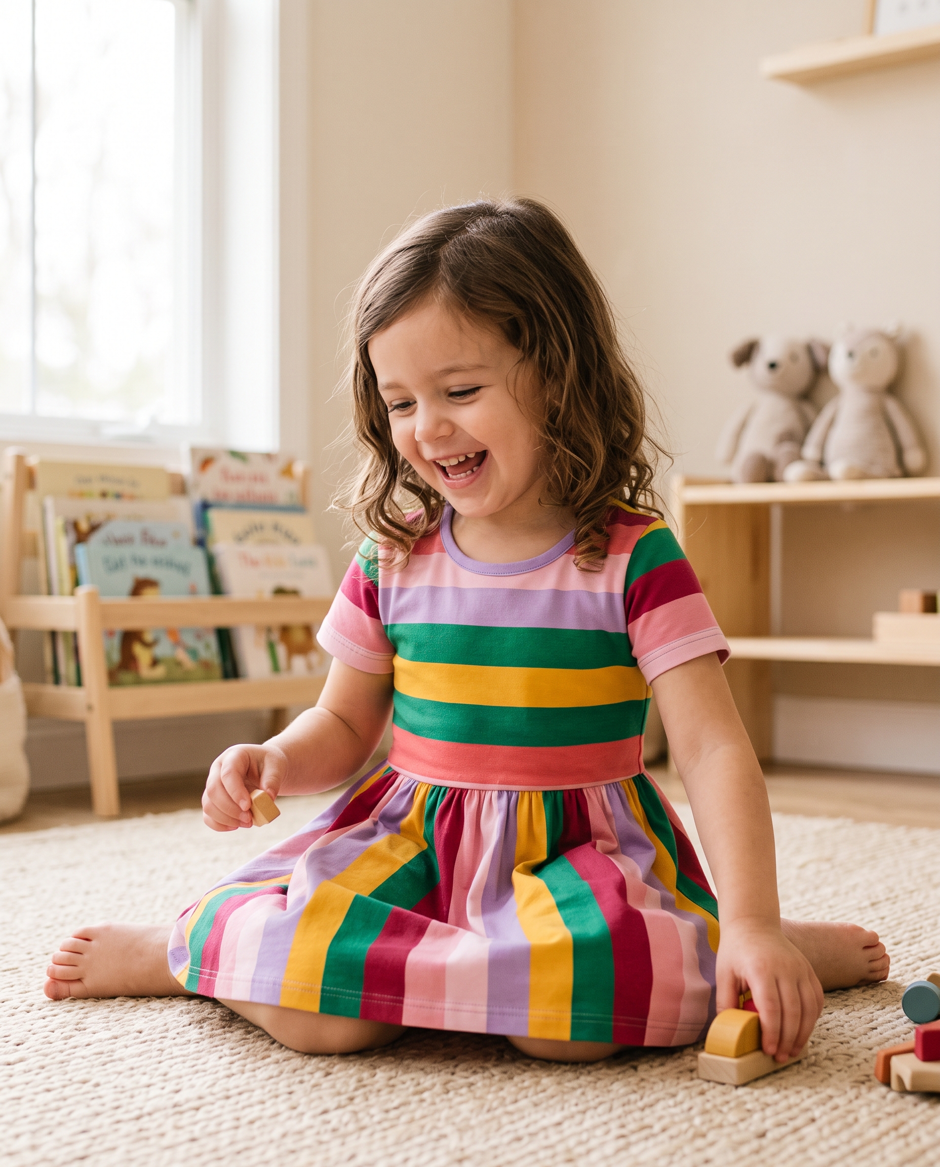 Rainbow Striped Girls Sleeveless Flared Dress