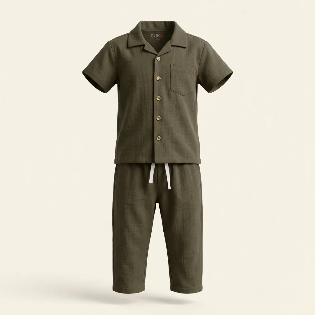 Muslin Short Sleeve Notch Lapel Shirt & Pants Set, style FZ-ST-0048 at FIZZI Fashion