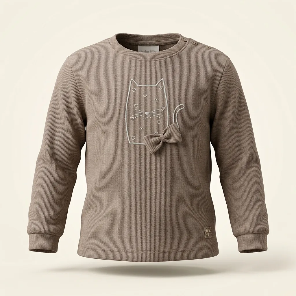 Baby Textured Ribbed Cat Outline Graphic Shoulder Snap Sweatshirt, style FZ-SW-0098 at FIZZI Fashion