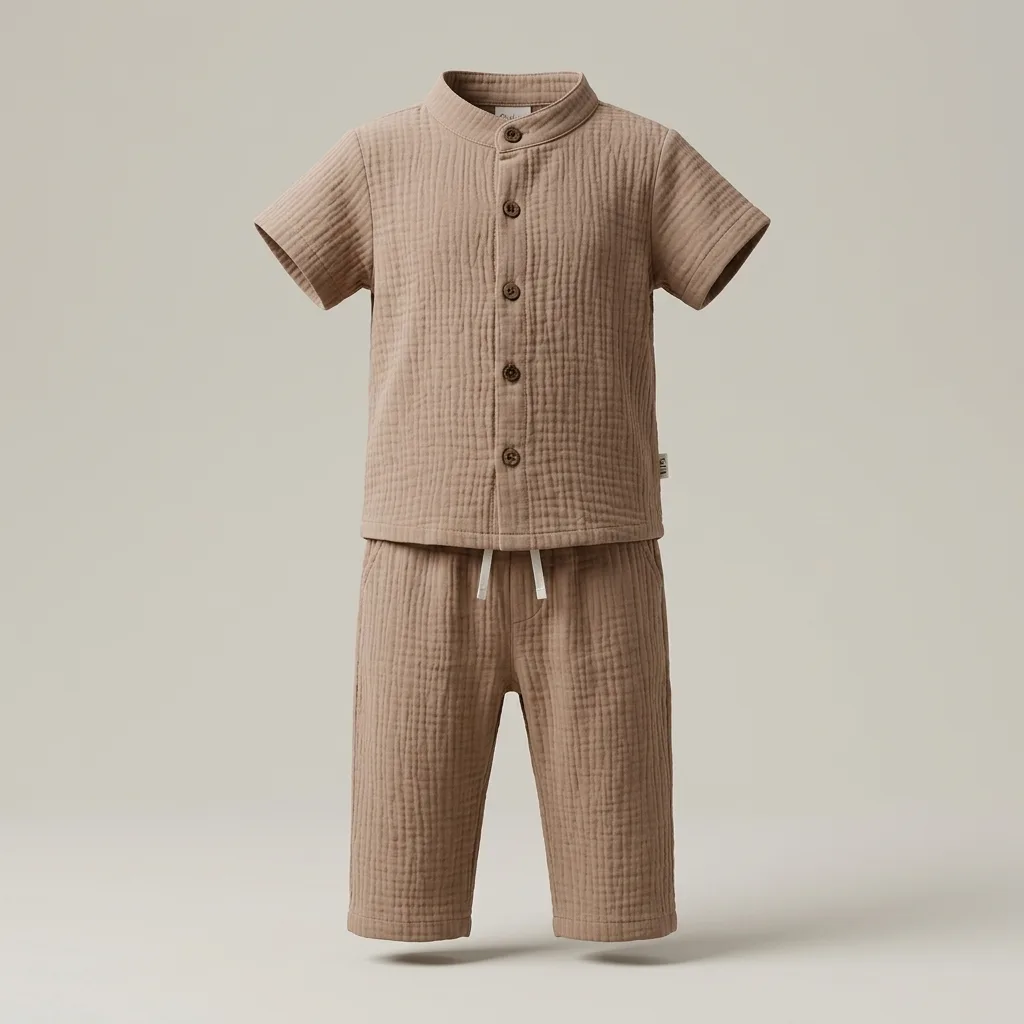 Muslin Short Sleeve Mandarin Collar Shirt & Pants Set, style FZ-ST-0051 at FIZZI Fashion