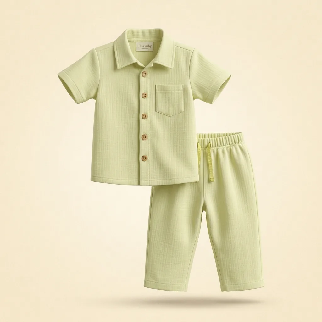 Pistachio Green Muslin Short Sleeve Shirt & Pants Co-ord Set, style FZ-ST-0111 at FIZZI Fashion