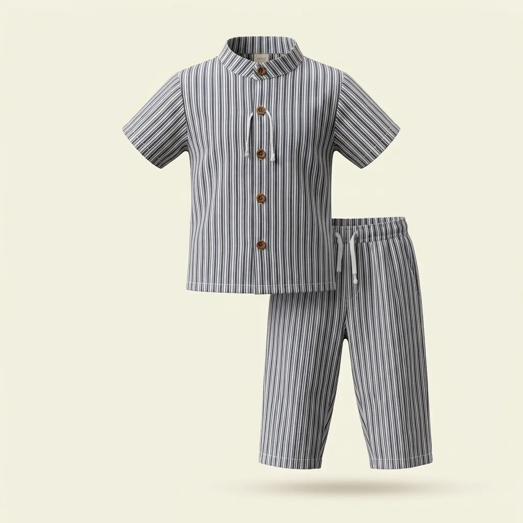 Muslin Short Sleeve Mandarin Collar Striped Shirt & Pants Set, style FZ-ST-0056 at FIZZI Fashion