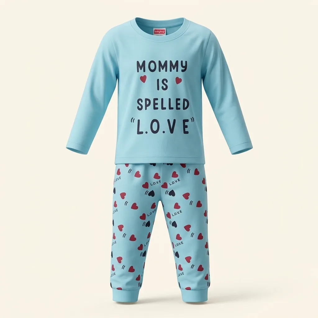 Cotton Long Sleeve Slogan Top & Heart Print Pants Pajama Set, style FZ-ST-0109 at FIZZI Fashion