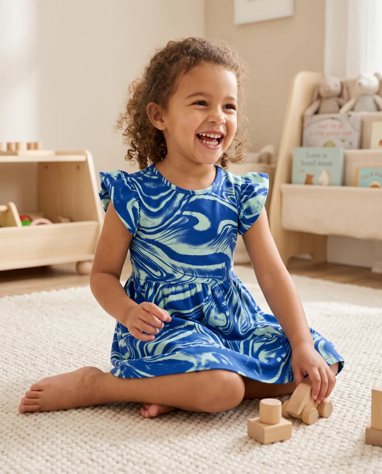 Navy Blue Girls Half Sleeve Frock With frill work, style FZ-DR-0018 at FIZZI Fashion