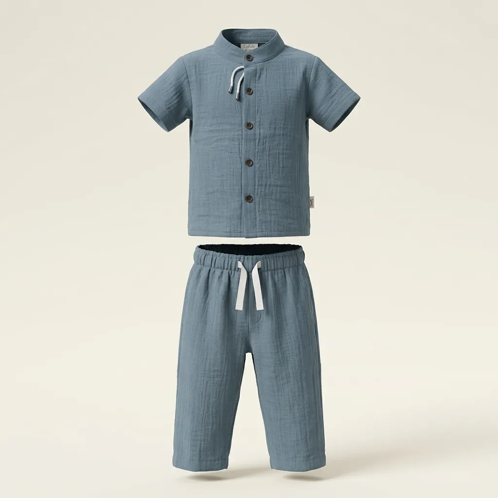 Muslin Short Sleeve Mandarin Collar Shirt & Pants Set, style FZ-ST-0052 at FIZZI Fashion