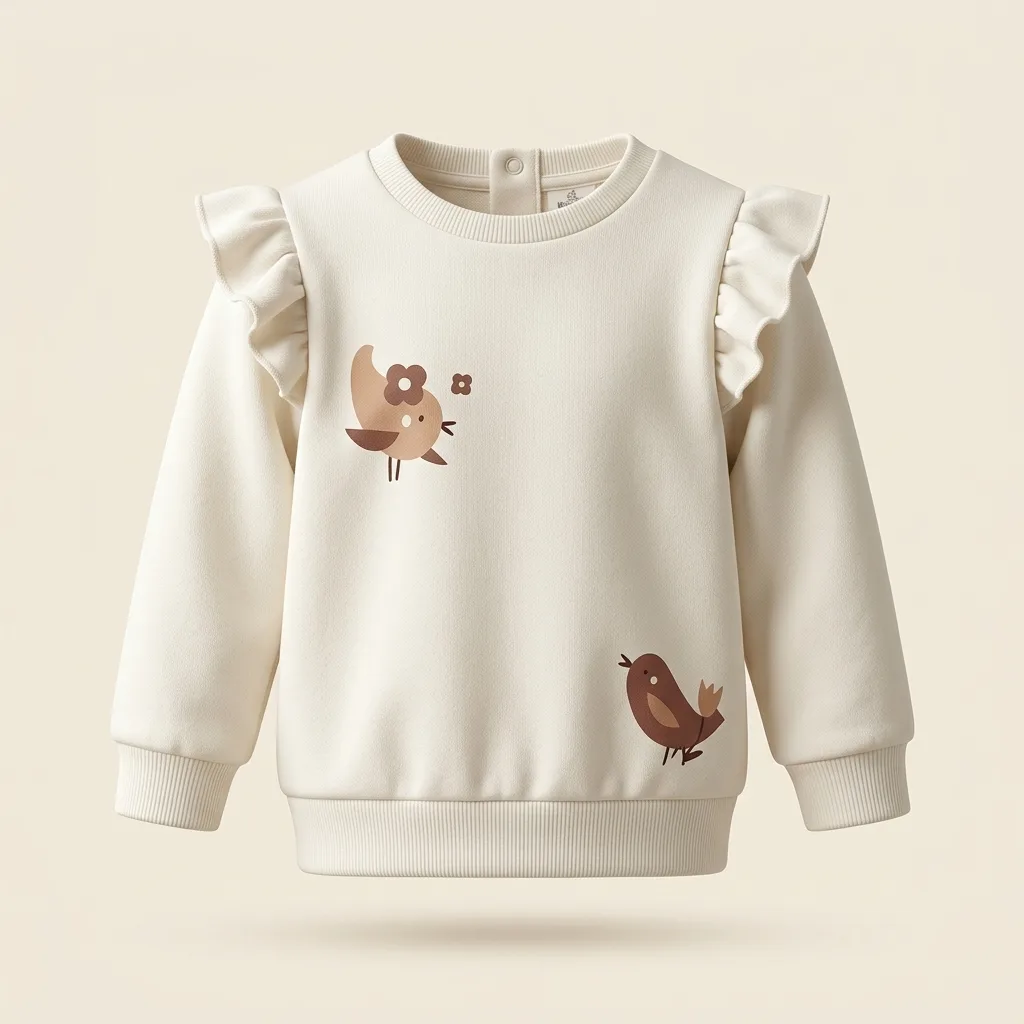 Baby Girl Ruffle Shoulder Bird Graphic Crewneck Sweatshirt, style FZ-SW-0088 at FIZZI Fashion
