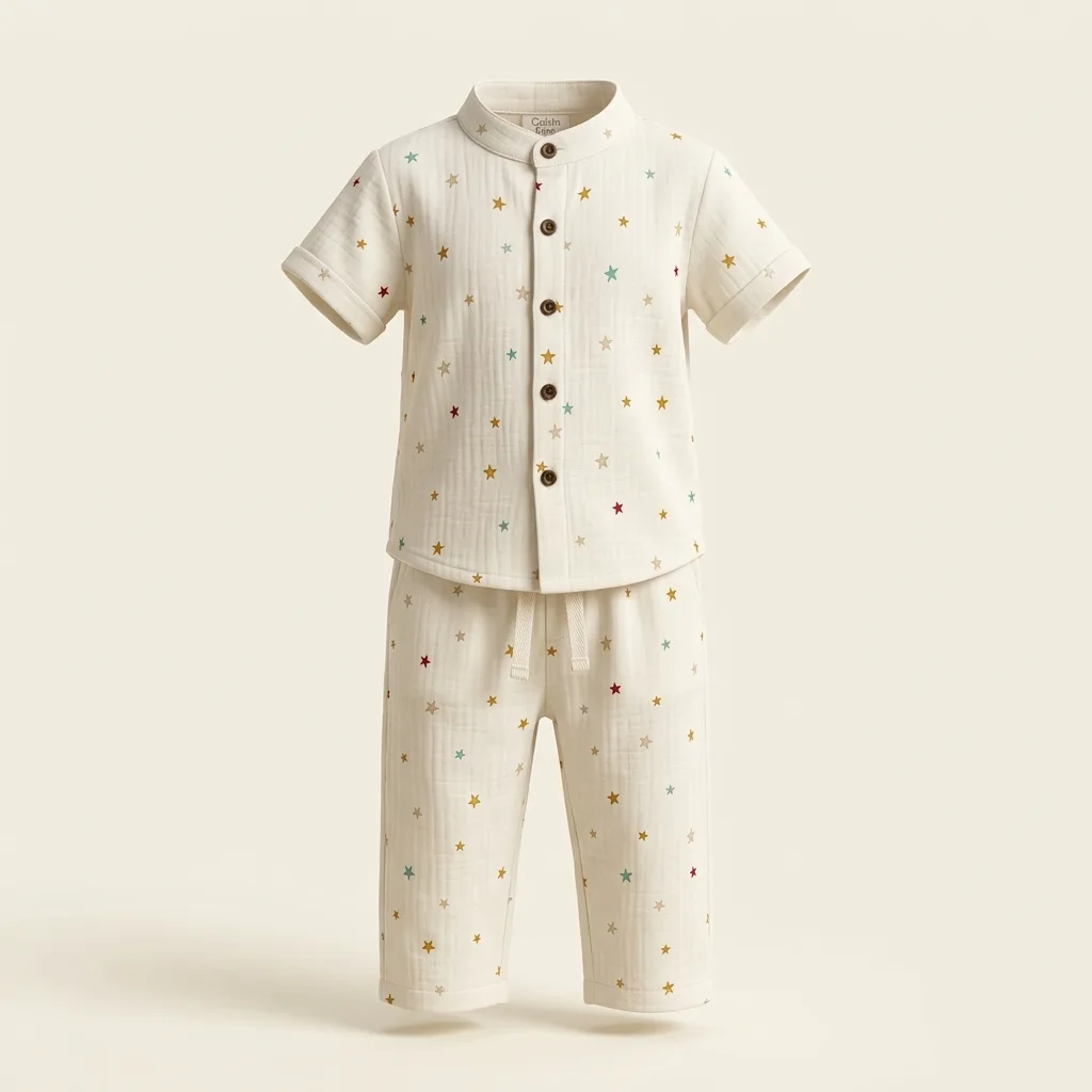 Muslin Short Sleeve Mandarin Collar Shirt & Pants Set, style FZ-ST-0054 at FIZZI Fashion