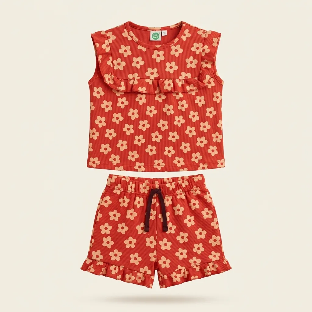 Ribbed Cotton Sleeveless Ruffle Top & Shorts Pajama Set, style FZ-ST-0116 at FIZZI Fashion