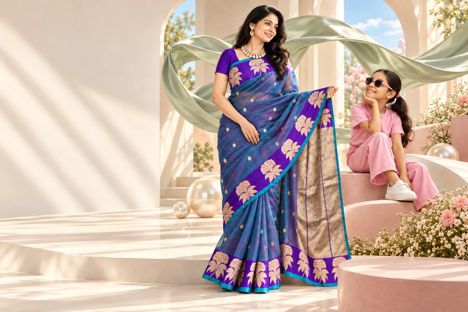 FIZZI campaign: a woman in a blue and purple saree wearing pearls beside a girl in pink, in a sunlit sculptural setting