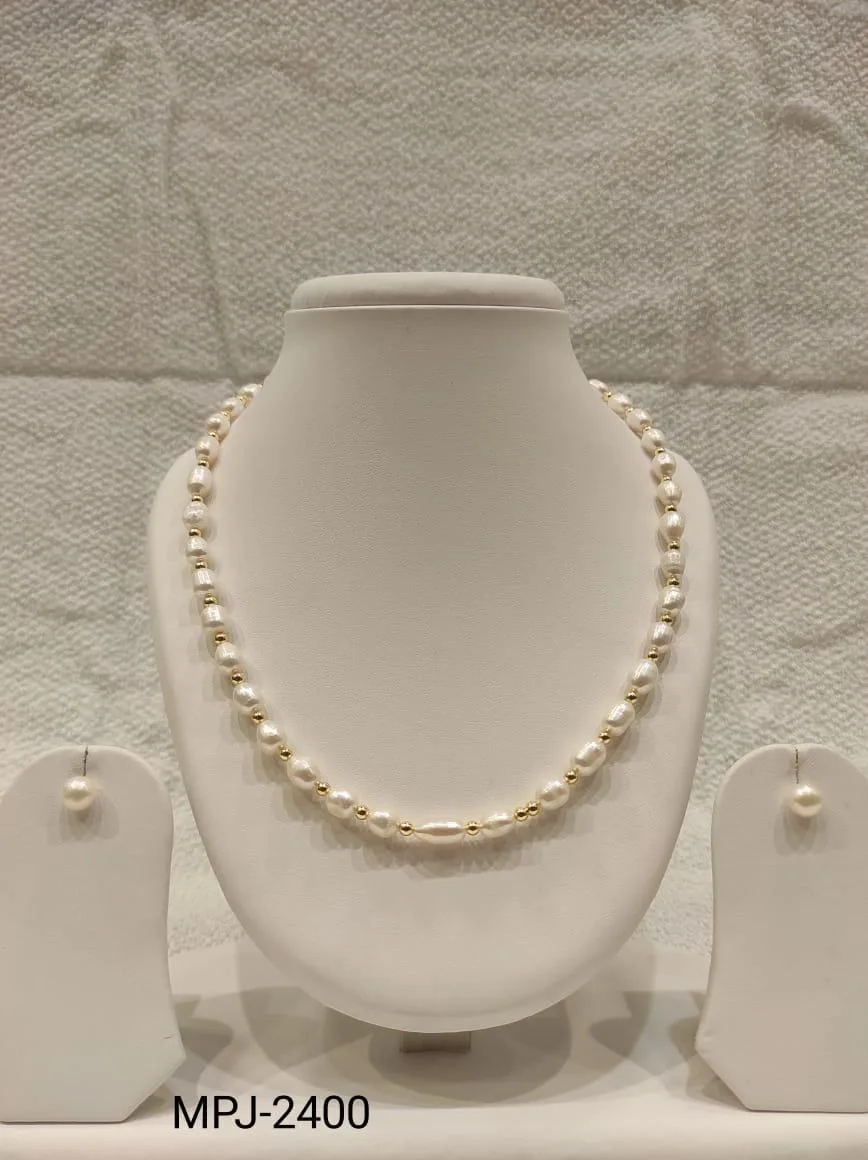 White Textured Pearl Necklace Set with Gold Beads — White & Cream