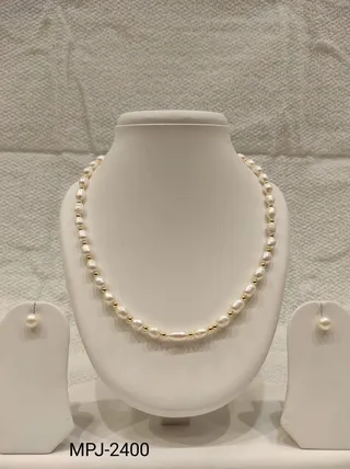 White Textured Pearl Necklace Set with Gold Beads
