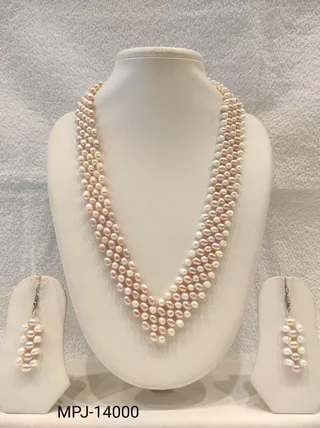 White & Pink — Freshwater Pearl Multi-Strand Necklace and Earrings