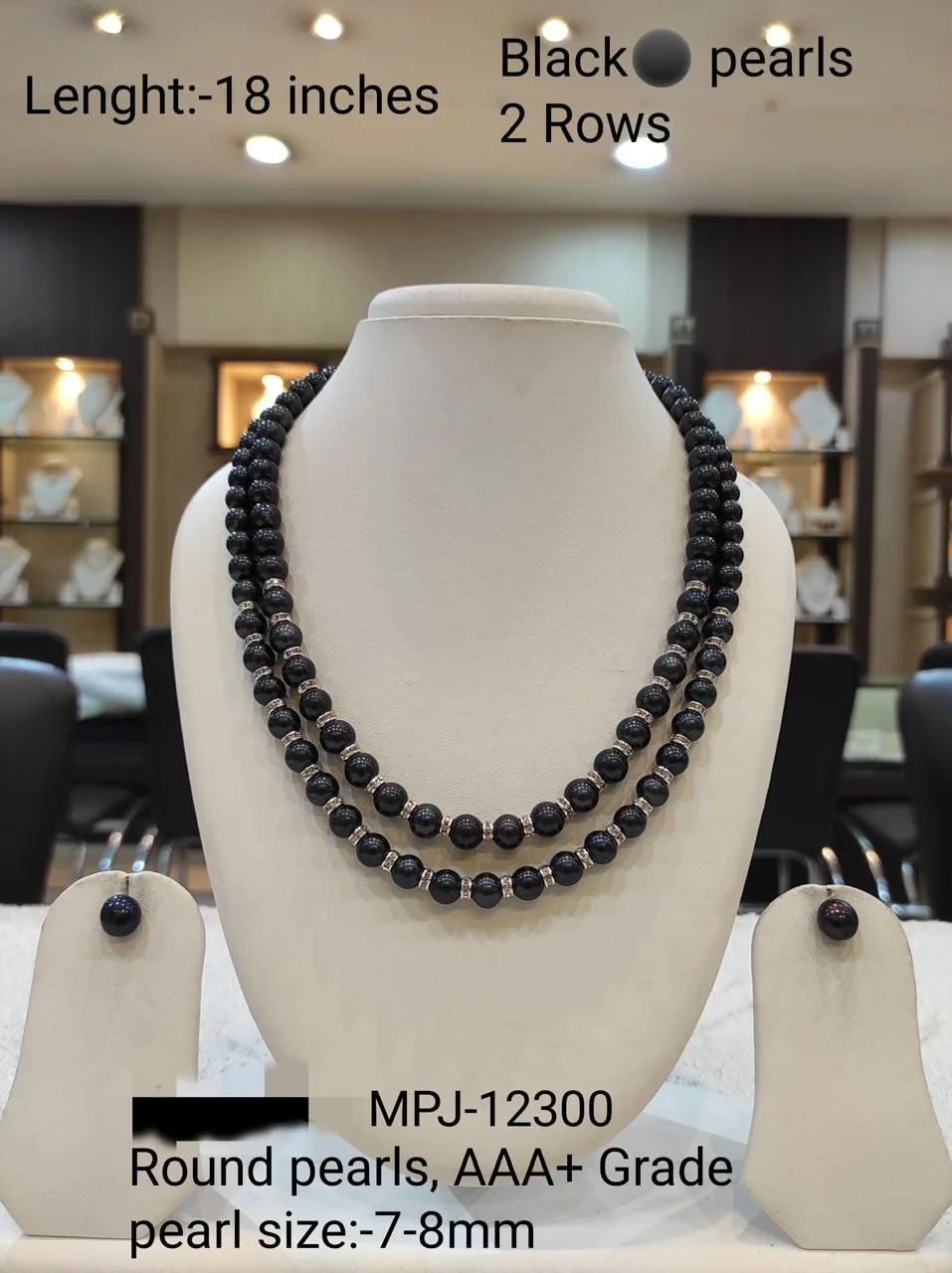 Black double strand pearl necklace with matching earrings — Black