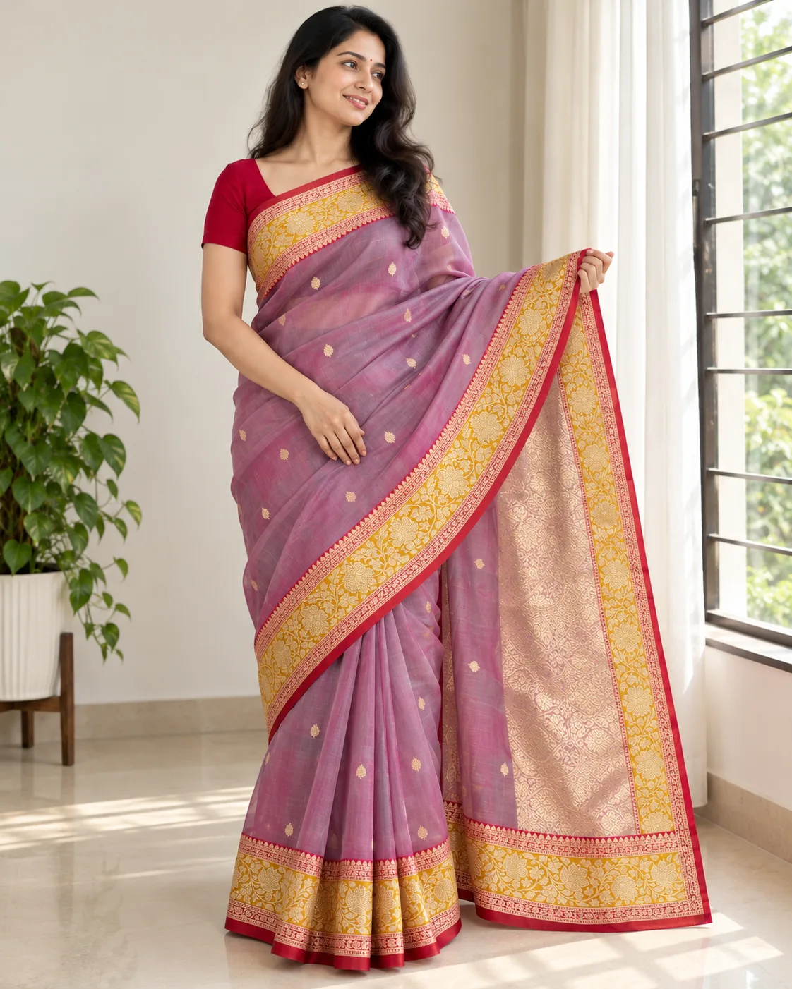 Handloom Tissue Silk Saree with Katan Border — Dusty Pink