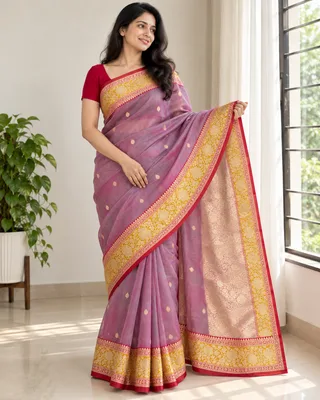 Dusty Pink — Handloom Tissue Silk Saree with Katan Border