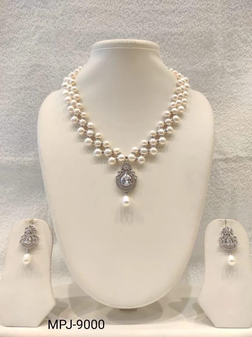 White & Silver — Freshwater Pearl bead necklace with matching earrings — White & Silver