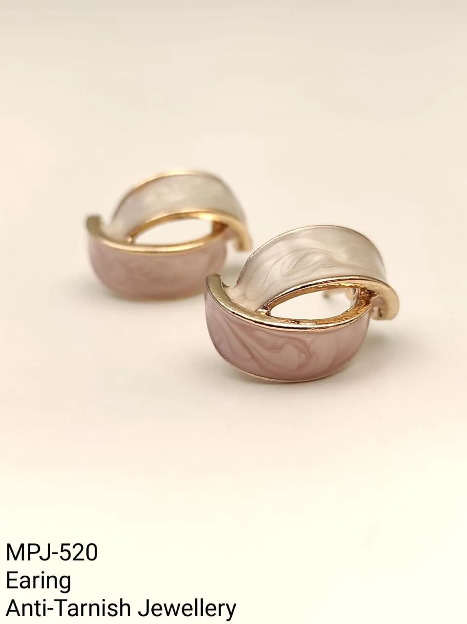 Pink & White & Gold — Small curved swirl design earrings — Pink & White & Gold