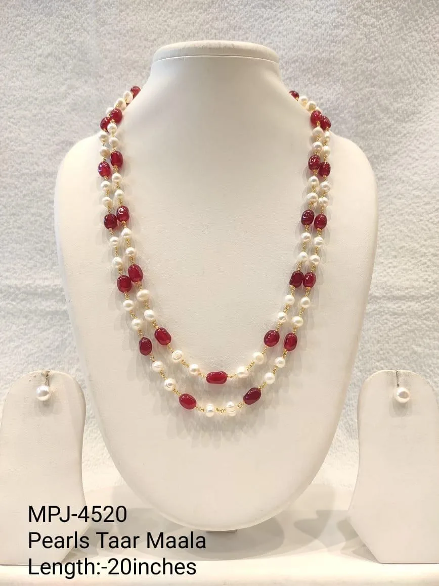 Ruby Red Double-Strand Pearl Necklace Set — 20 in — White & Ruby Red & Gold