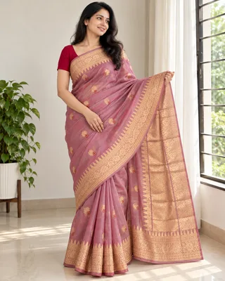 Soft Red — Handloom Tissue Silk Saree with Katan Border