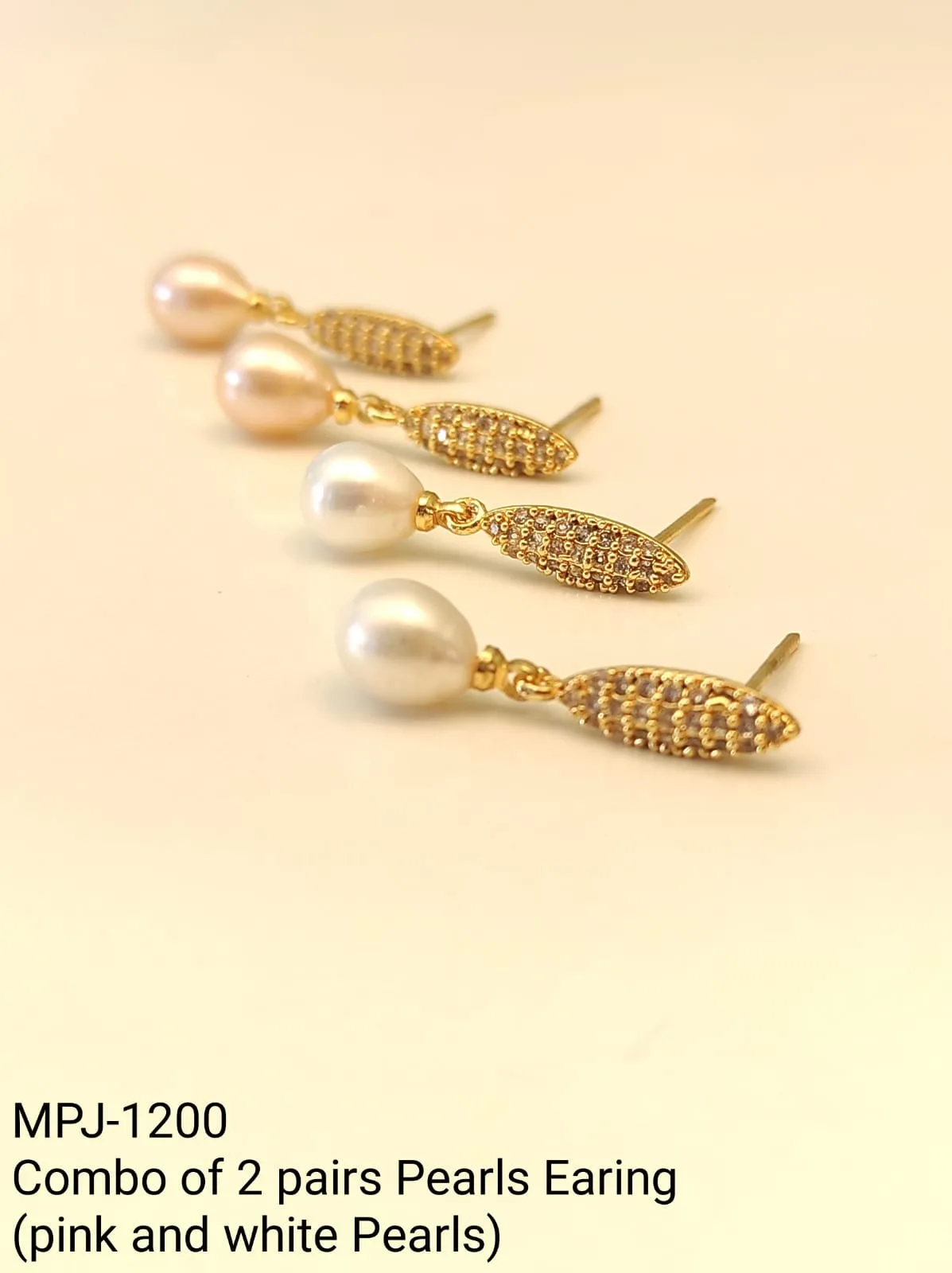 Pink and White Pearl Gold Drop Earrings — Two-Pair Combo — Pink & White & Gold