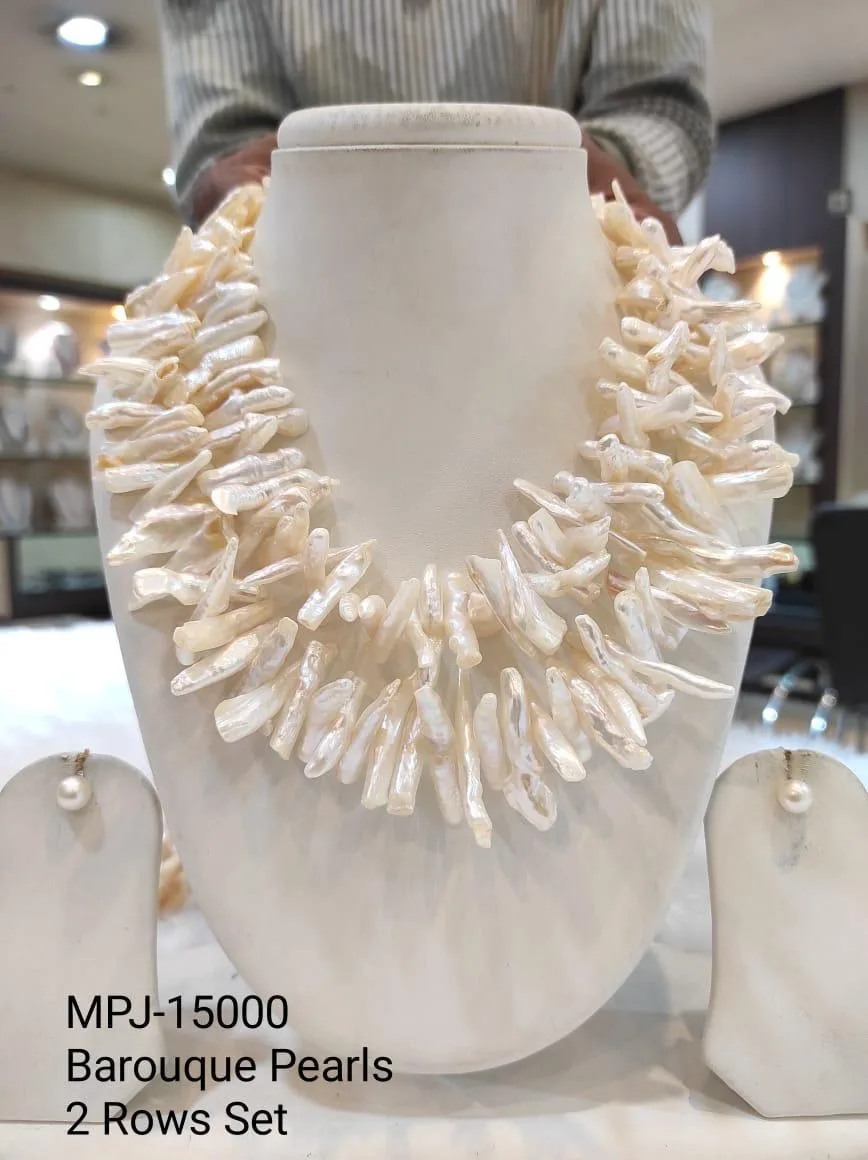 White Two-Row Elongated Statement Pearl Necklace Set — White