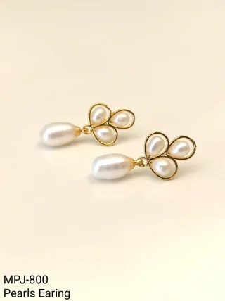 White Pearl Gold Petal Cluster Drop Earrings