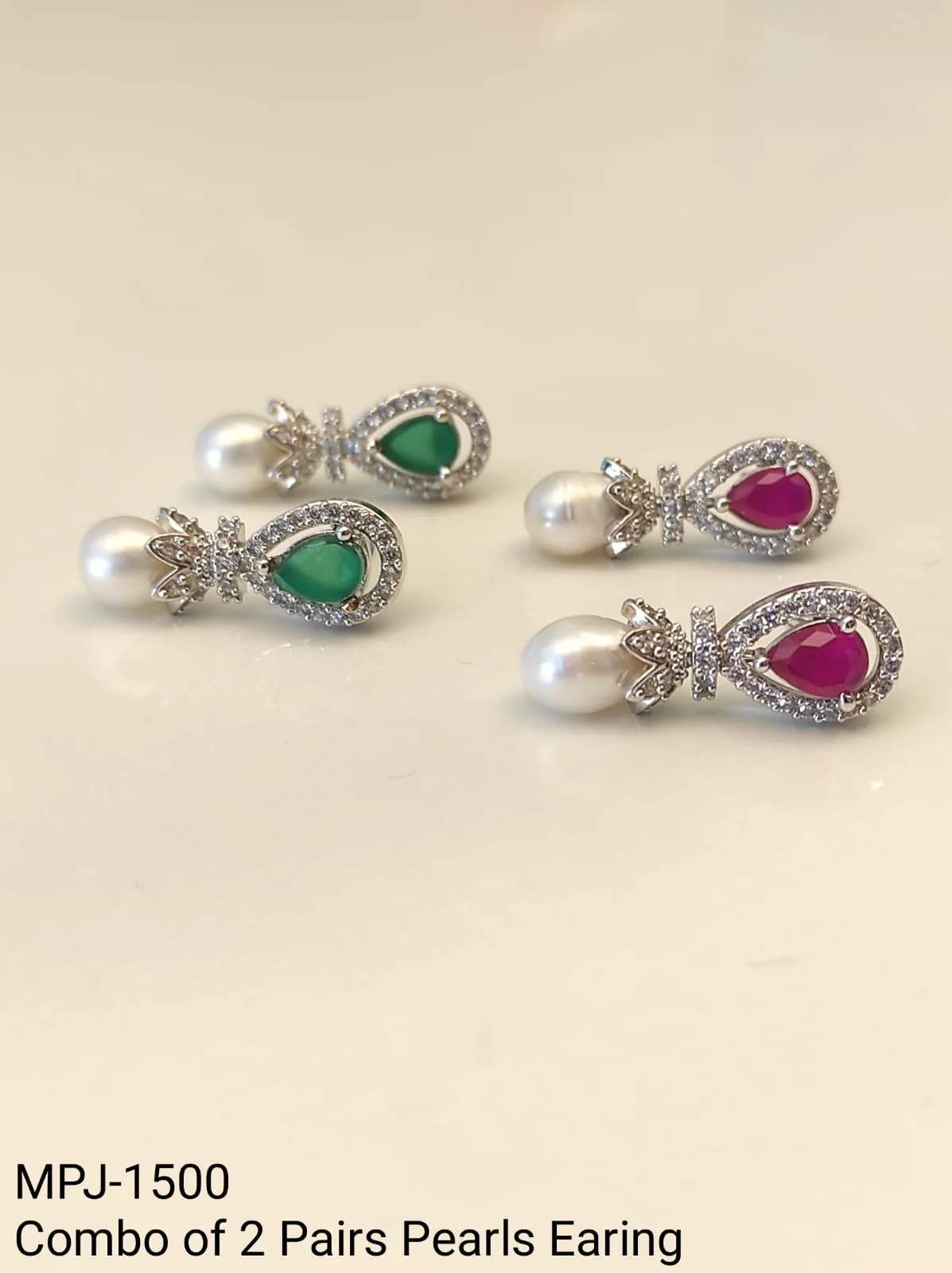 Green and Pink Pearl Drop Earrings — Two-Pair Combo — White & Green & Pink & Silver