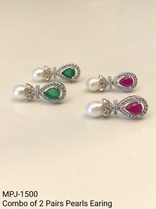 Green and Pink Pearl Drop Earrings — Two-Pair Combo