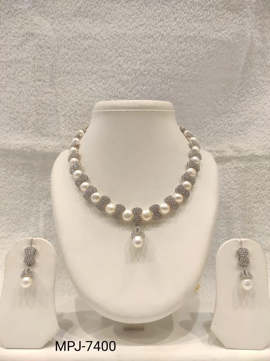 White & Silver — Freshwater Pearl bead and rhinestone necklace with earrings — White & Silver