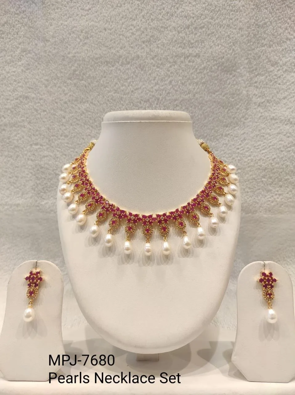 Pink Floral Pearl Drop Necklace Set — Pink & White & Gold