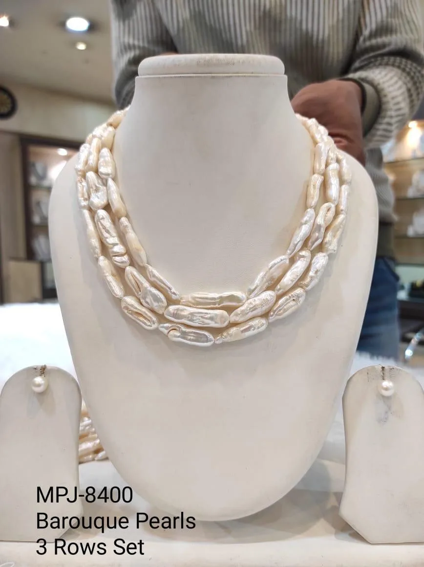 White Three-Row Elongated Baroque Pearl Necklace Set — White