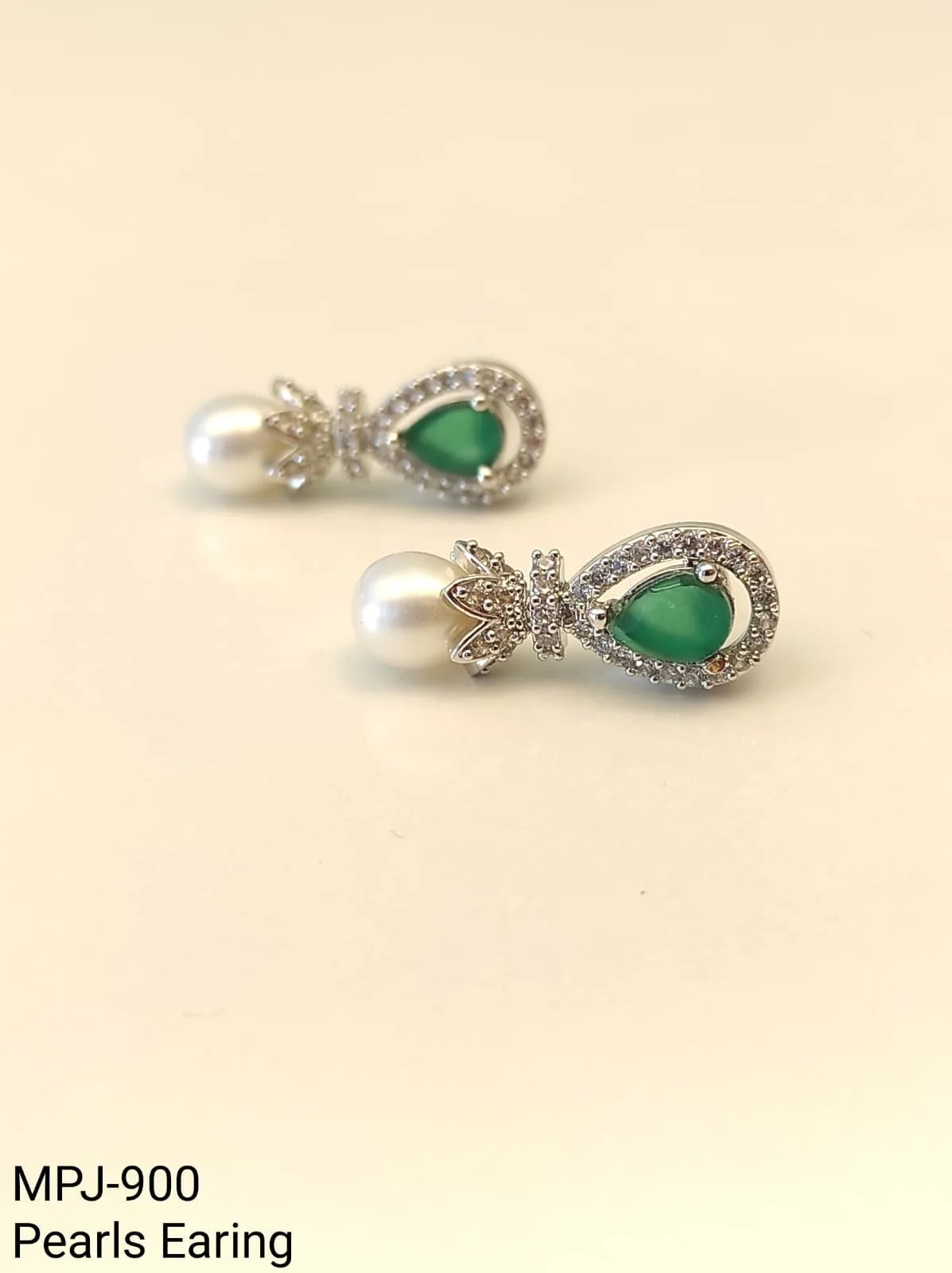 Green Teardrop Accent Pearl Drop Earrings — White & Green & Silver