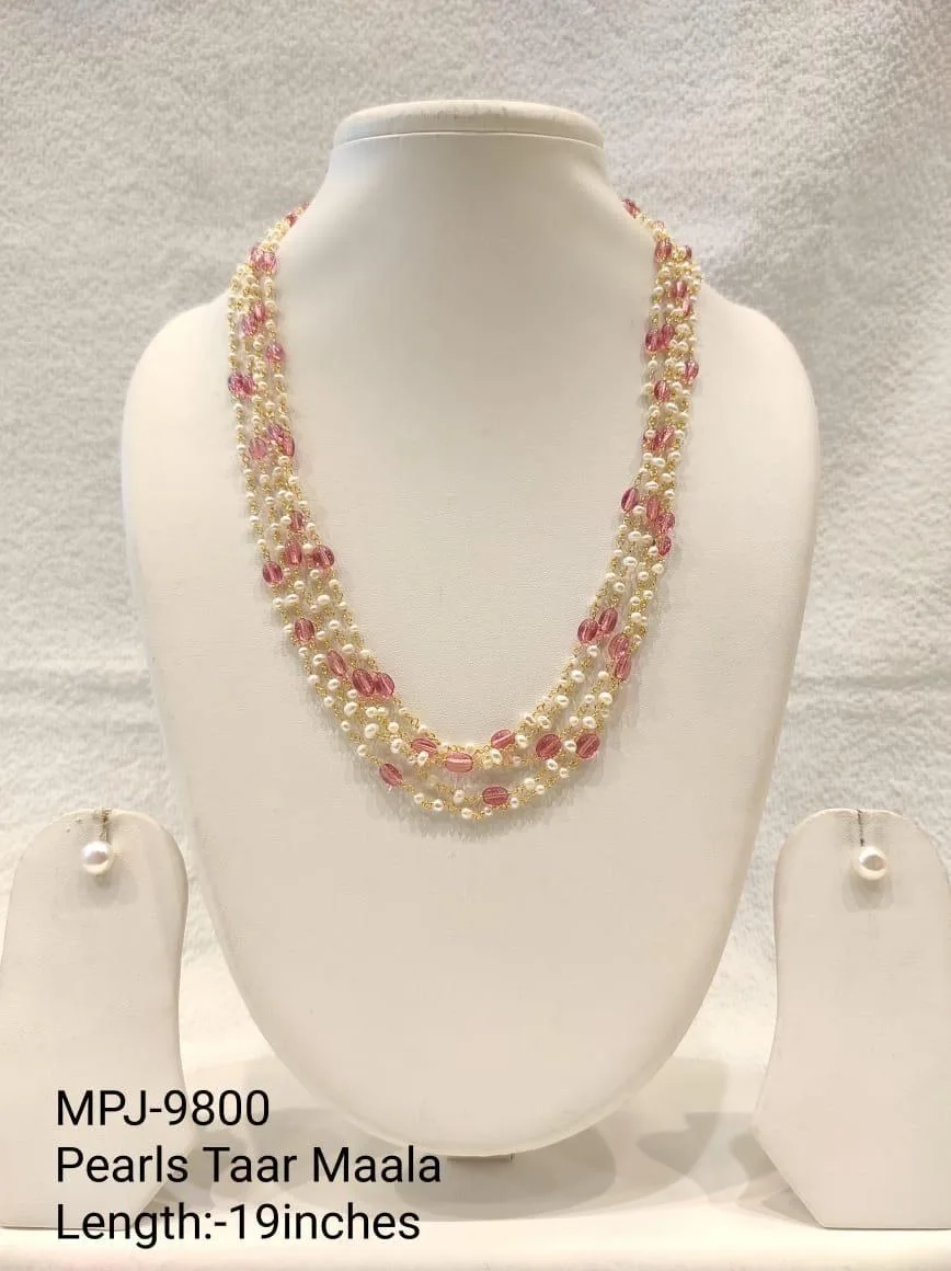 Pink Three-Row Pearl Link Necklace Set — 19 in — White & Pink & Gold