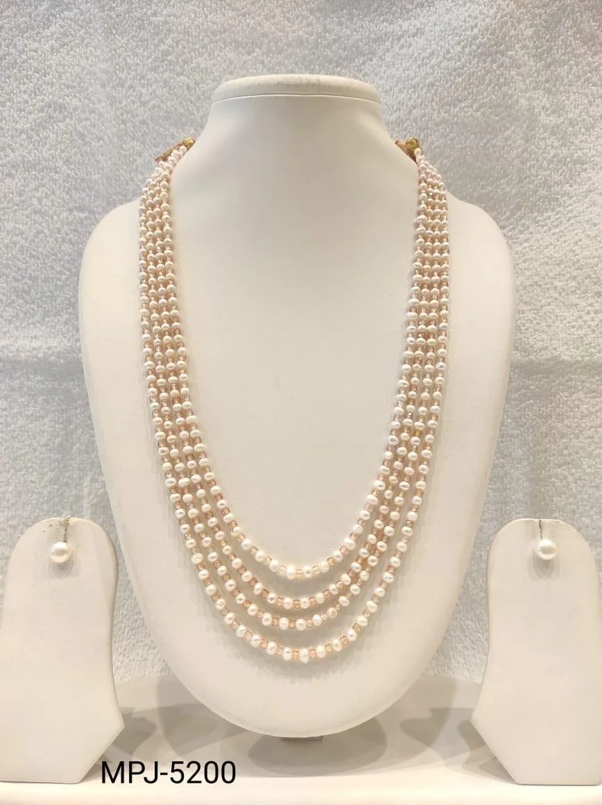 White & Gold — Multi-strand Freshwater Pearl necklace with earrings — White & Gold