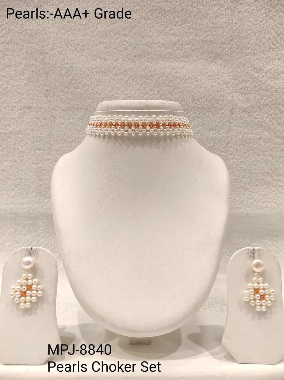 Peach Accent Pearl Choker Set — White & Peach