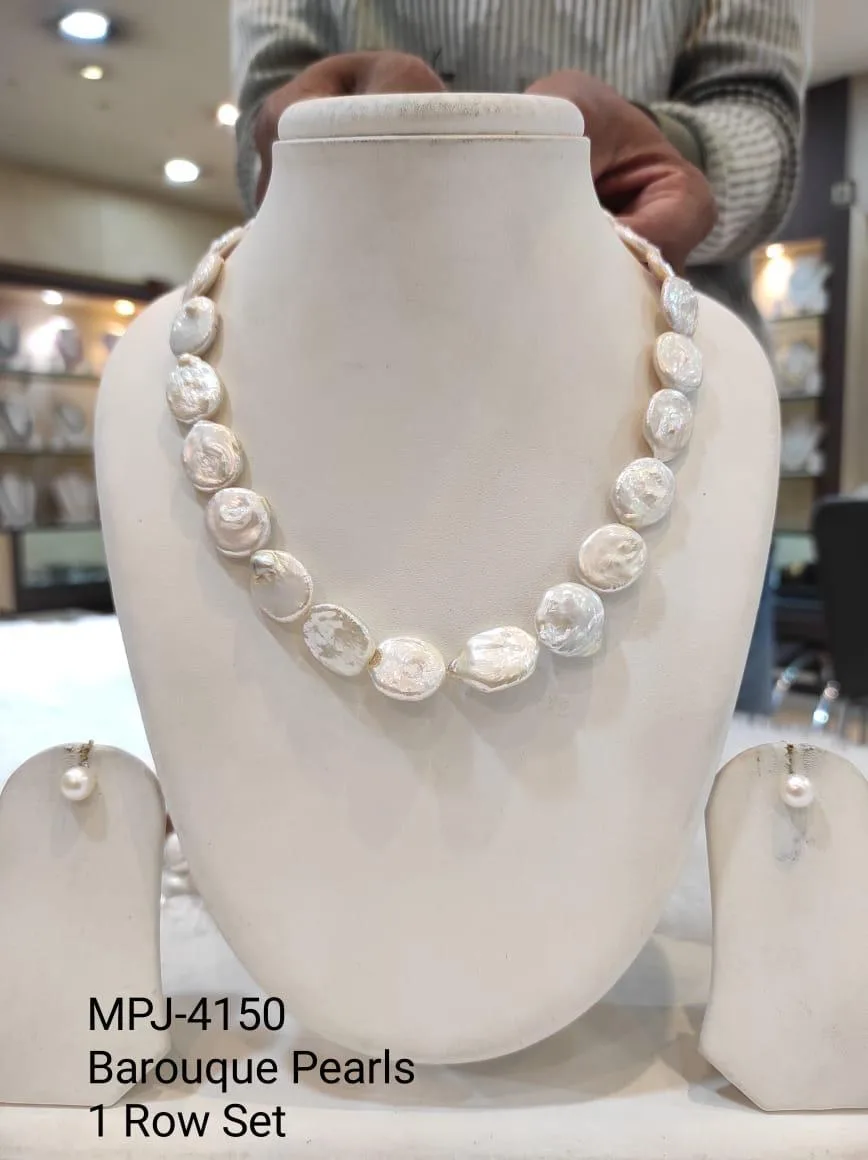 White Textured Coin Pearl Necklace Set — White