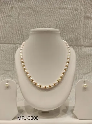 White Oval Pearl Necklace Set with Gold Spacers
