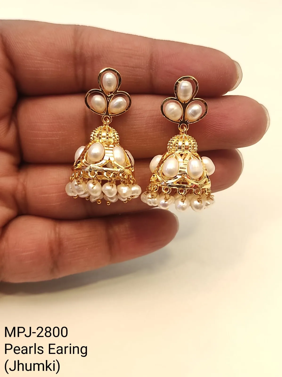 White Pearl Gold Dome Jhumki Earrings — White & Gold